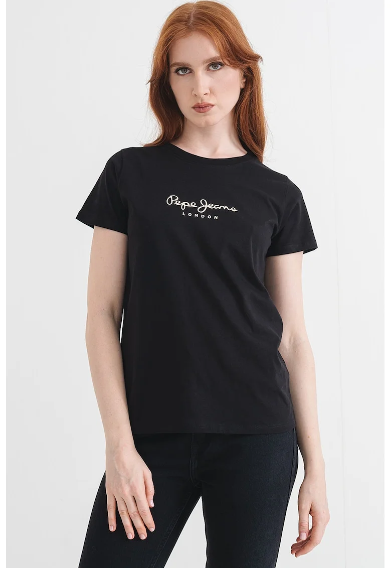 Tricou din bumbac cu decolteu la baza gatului si detaliu cu logo pe piept, Negru/Alb murdar