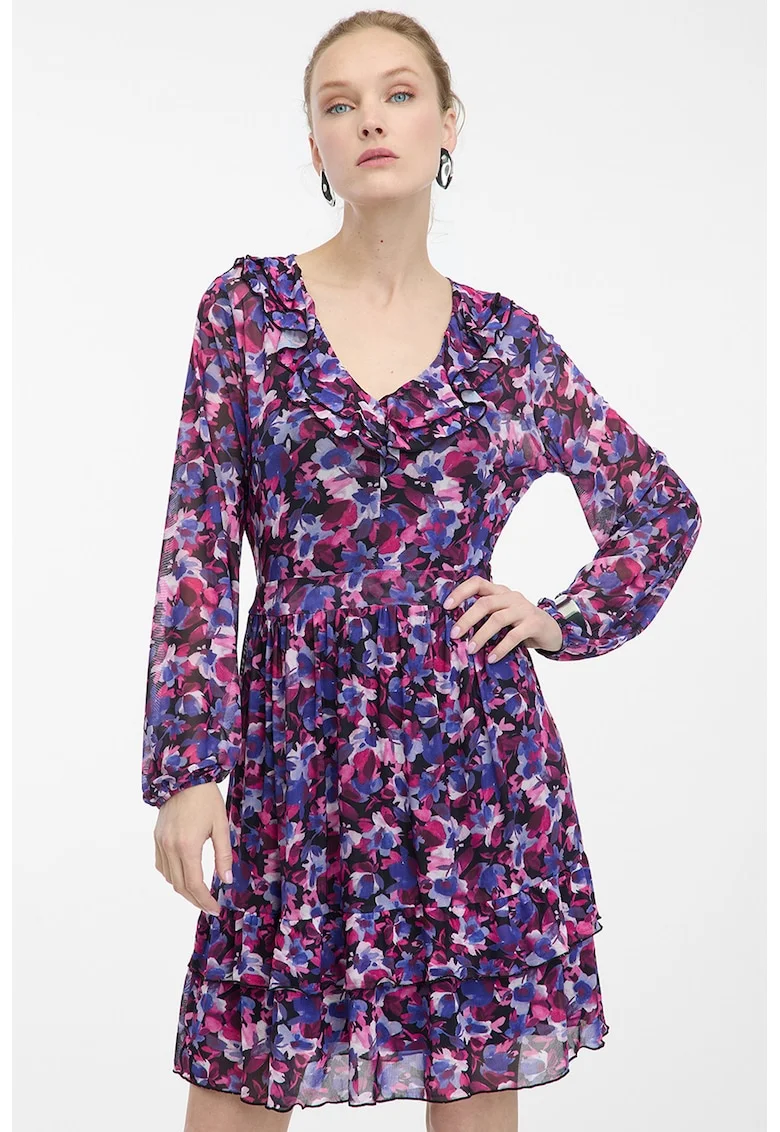 Rochie cu maneci lungi si imprimeu, Violet/Albastru