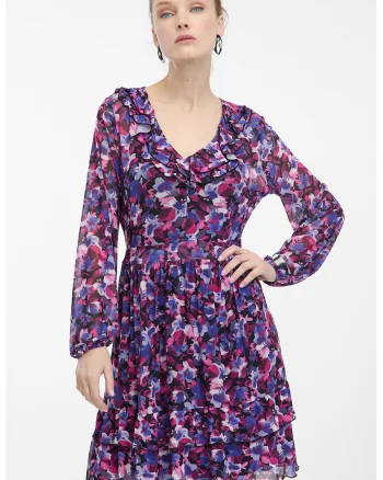Rochie cu maneci lungi si imprimeu, Violet/Albastru
