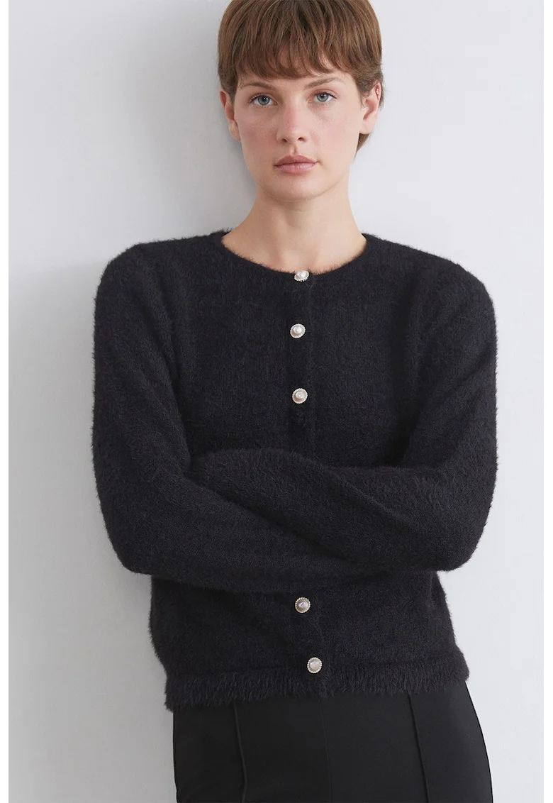 Cardigan pufos cu nasturi tip bijuterie, Negru