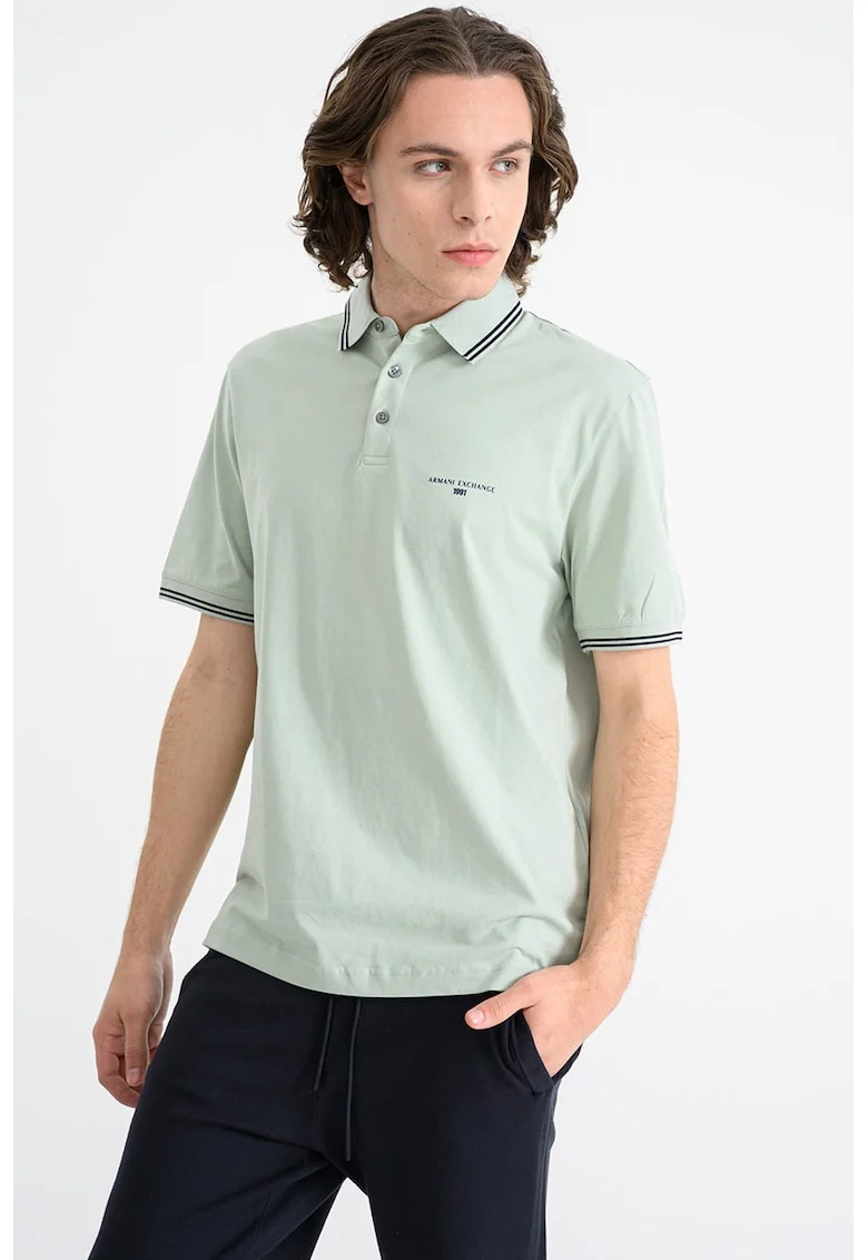 Tricou polo cu benzi contrastante, Verde pal