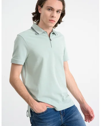 Tricou polo din bumbac cu fermoar scurt, Verde pal