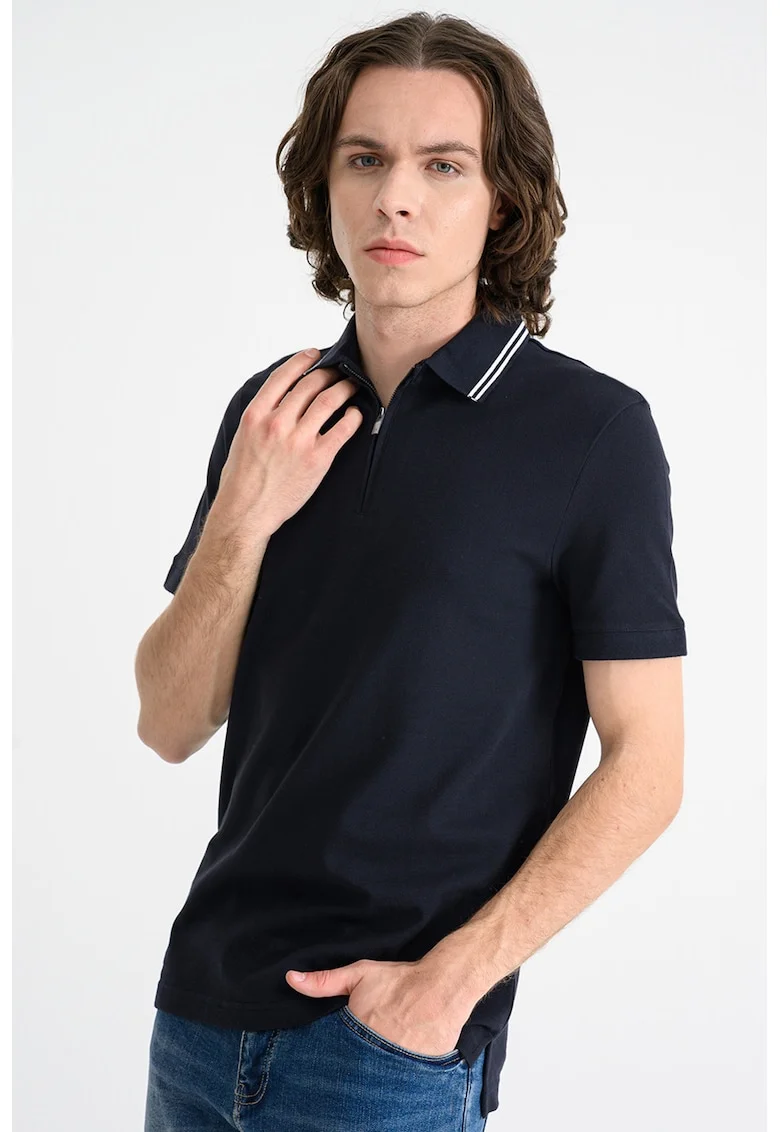 Tricou polo din bumbac cu fermoar scurt, Alb/Albastru ultramarin