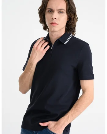 Tricou polo din bumbac cu fermoar scurt, Alb/Albastru ultramarin