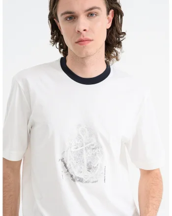 Tricou de bumbac cu decolteu la baza gatului, Negru/Alb murdar/Gri inchis
