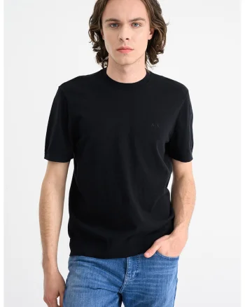 Tricou de bumbac cu decolteu la baza gatului, Negru