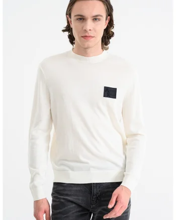 Pulover slim fit din amestec de lana cu aplicatie logo, Crem