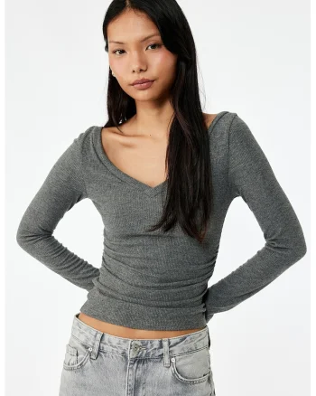 Bluza cu volane slim fit, Gri inchis