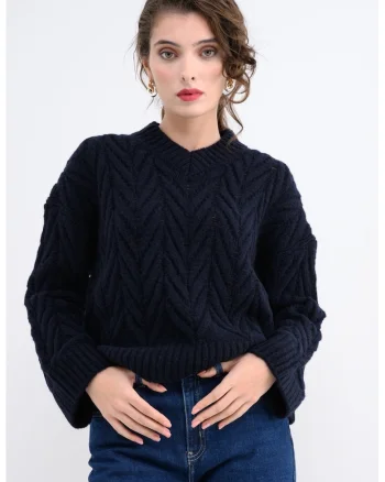 Pulover din amsetec de lana cu decolteu in V, Albastru ultramarin