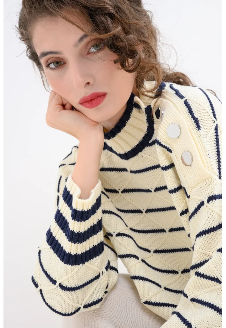 Pulover din amestec de lana cu dungi, Alb murdar/Bleumarin