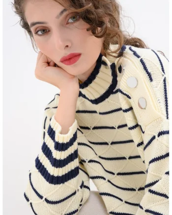 Pulover din amestec de lana cu dungi, Alb murdar/Bleumarin