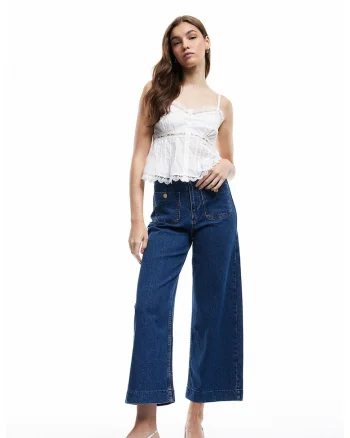 Blugi crop cu croiala ampla Sandra, Albastru melange
