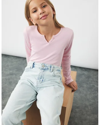 Bluza slim fit cu decolteu rotund, Roz deschis