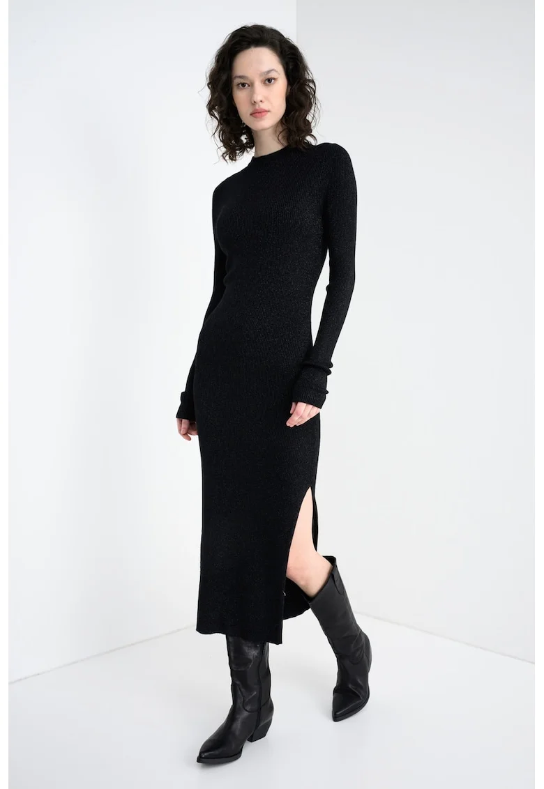 Rochie midi cu slit lateral, maneci lungi si striatii, Negru/Argintiu