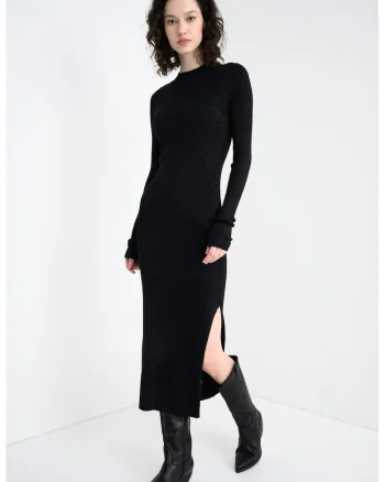Rochie midi cu slit lateral, maneci lungi si striatii, Negru/Argintiu