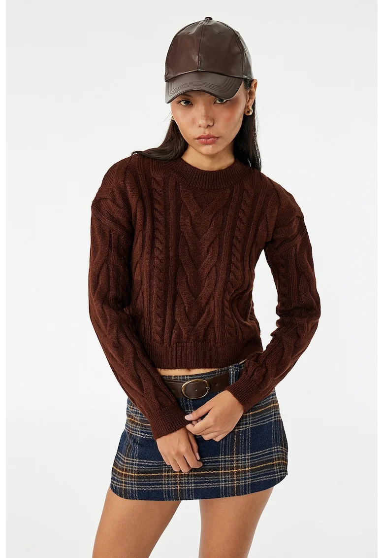 Pulover crop cu decolteu la baza gatului, Maro cognac