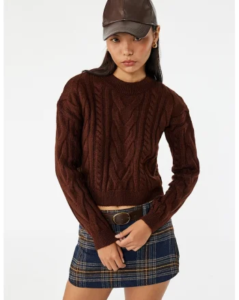 Pulover crop cu decolteu la baza gatului, Maro cognac