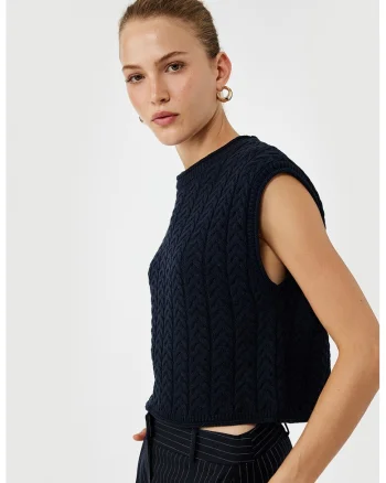 Pulover crop cu maneci scurte, Bleumarin