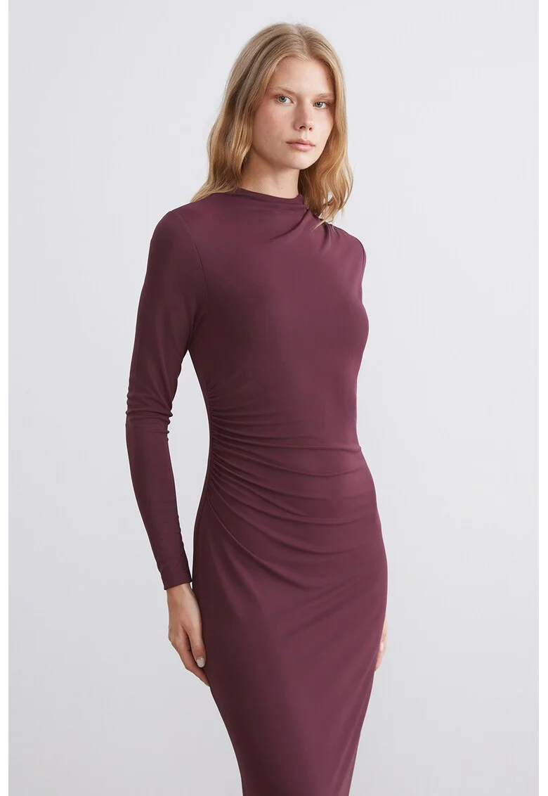 Rochie midi cu croiala cambrata si decolteu la baza gatului, Violet pruna