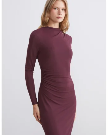 Rochie midi cu croiala cambrata si decolteu la baza gatului, Violet pruna