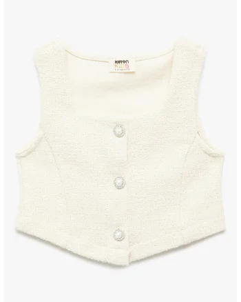 Vesta crop cu nasturi tip bijuterie, Alb fildes