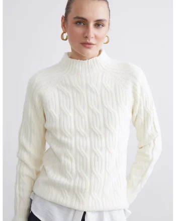 Pulover slim-fit cu guler scurt, Alb murdar