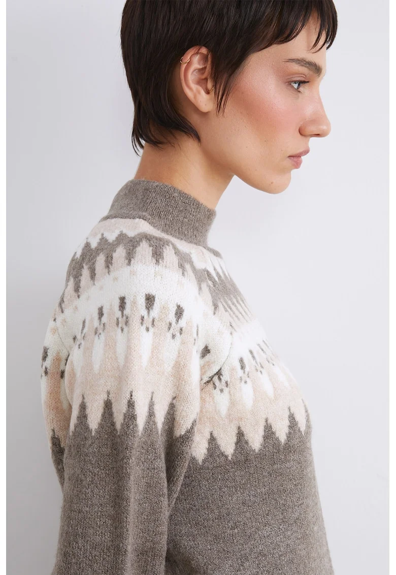 Pulover cu guler scurt si model, Maro taupe/Maro nisip