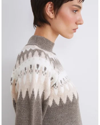 Pulover cu guler scurt si model, Maro taupe/Maro nisip
