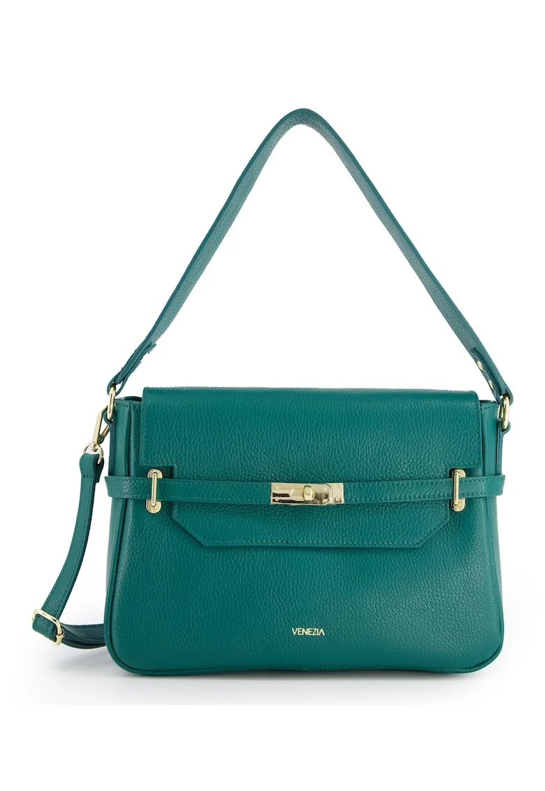 Geanta messenger din piele naturala verde,  31x22x12cm, cu 3 buzunare interioare, curea detasabila 117cm