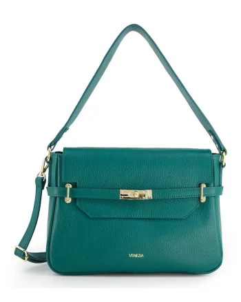 Geanta messenger din piele naturala verde,  31x22x12cm, cu 3 buzunare interioare, curea detasabila 117cm