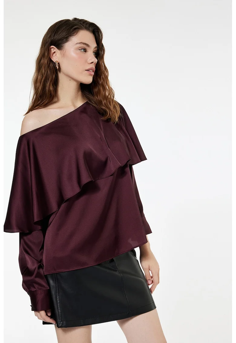 Bluza din satin cu model uni, Visiniu