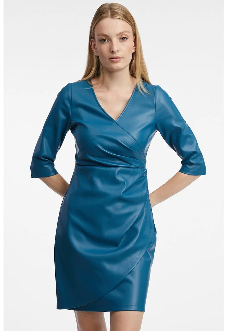 Rochie scurta cu model petrecut si decolteu in V, Albastru inchis