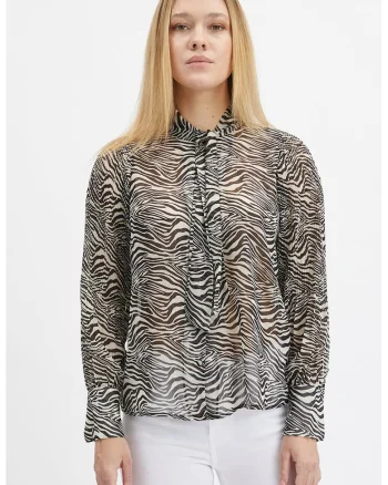 Bluza cu esarfa si animal print, Alb/Negru