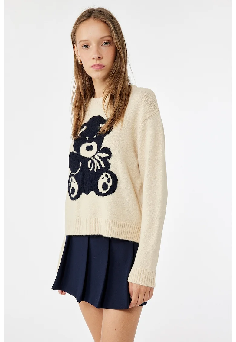 Pulover lejer cu ursulet, Bej deschis/Bleumarin
