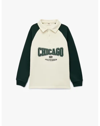 Bluza de trening cu nasturi si text brodat, Verde/Alb fildes