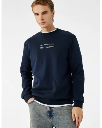 Bluza de trening cu decolteu la baza gatului si text, Bleumarin