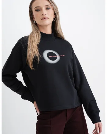Bluza de trening cu decolteu la baza gatului si imprimeu logo, Negru