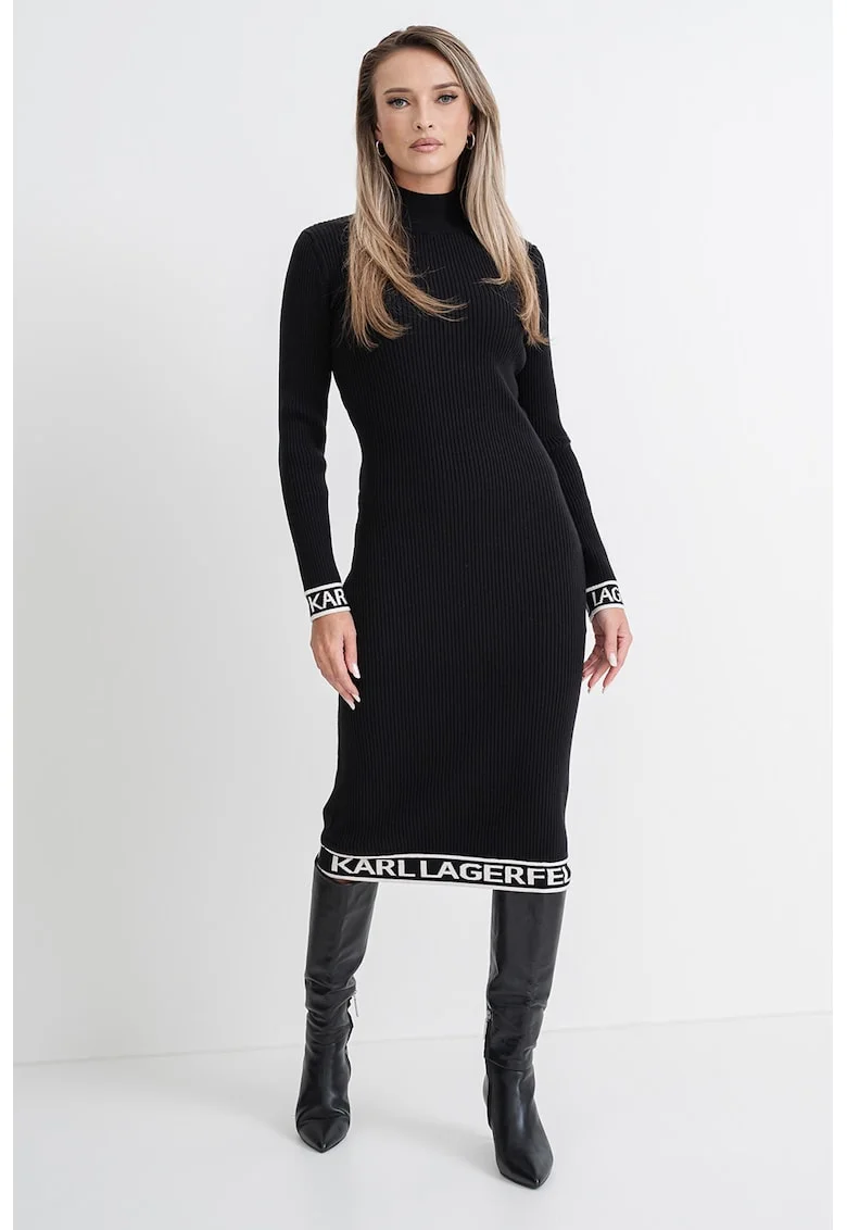 Rochie midi striata cu banda logo, Negru