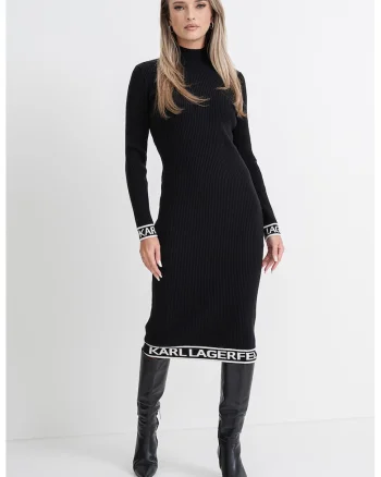 Rochie midi striata cu banda logo, Negru