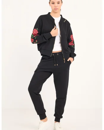 Bluza de trening cu fermoar si broderii florale, Verde/Negru/Coral