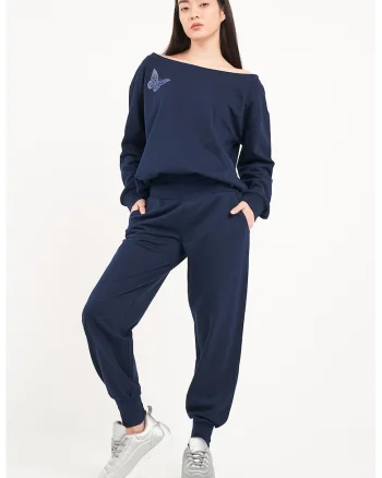 Bluza lejera de trening cu decolteu pe umeri, Bleumarin