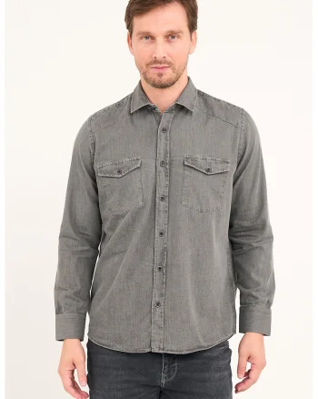 Camasa din denim cu buzunare pe piept, Gri inchis