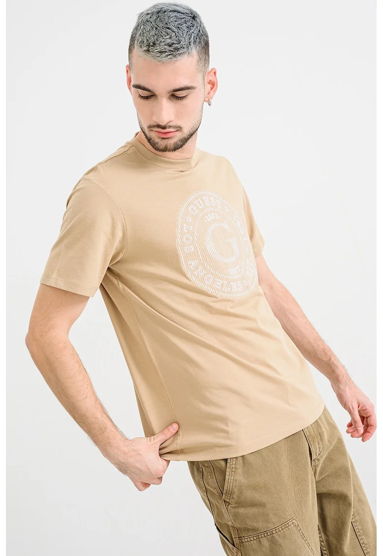 Tricou din bumbac cu logo brodat, Maro nisip
