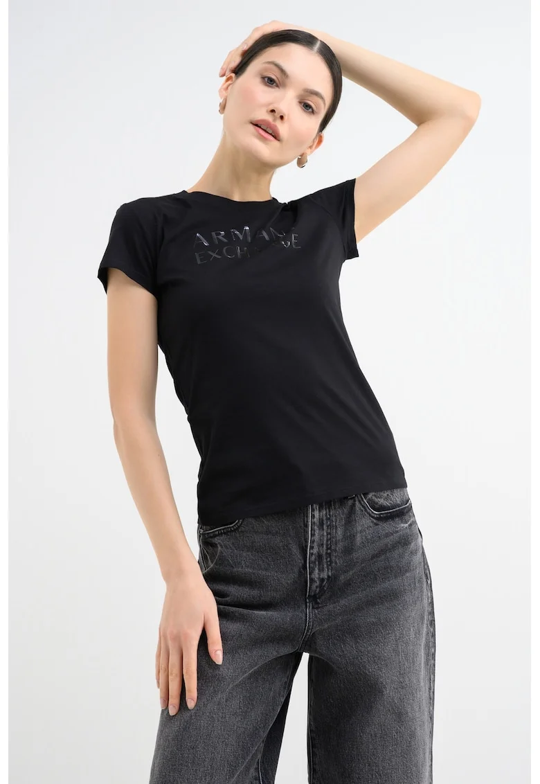 Tricou slim-fit cu decolteu la baza gatului si logo, Negru