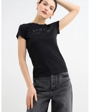 Tricou slim-fit cu decolteu la baza gatului si logo, Negru
