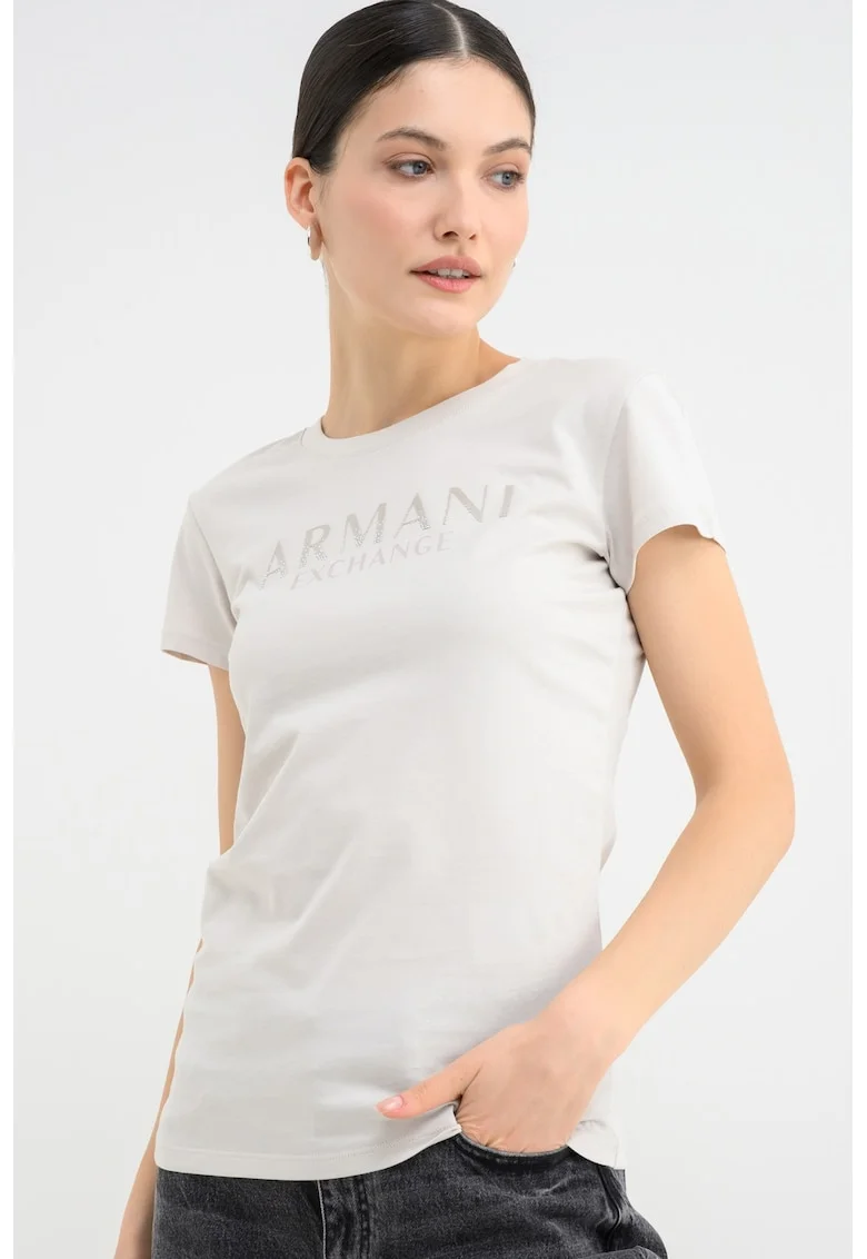 Tricou slim-fit cu imprimeu pe piept, Alb fildes/Argintiu