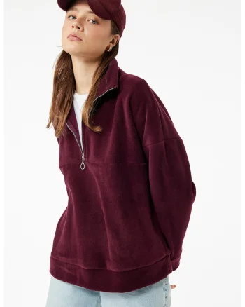 Bluza de trening cu fermoar si maneci cazute, Visiniu