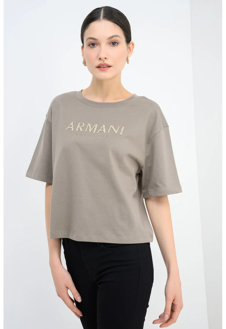 Tricou crop cu maneci cazute, Auriu/Maro taupe/Argintiu