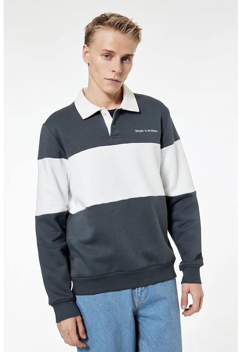 Bluza polo de trening cu dungi, Alb murdar/Gri inchis