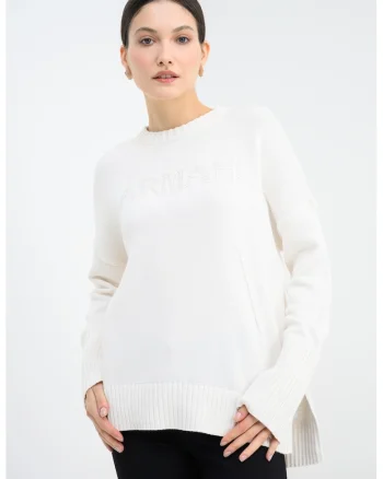 Pulover cu fente pentru degete, Alb fildes